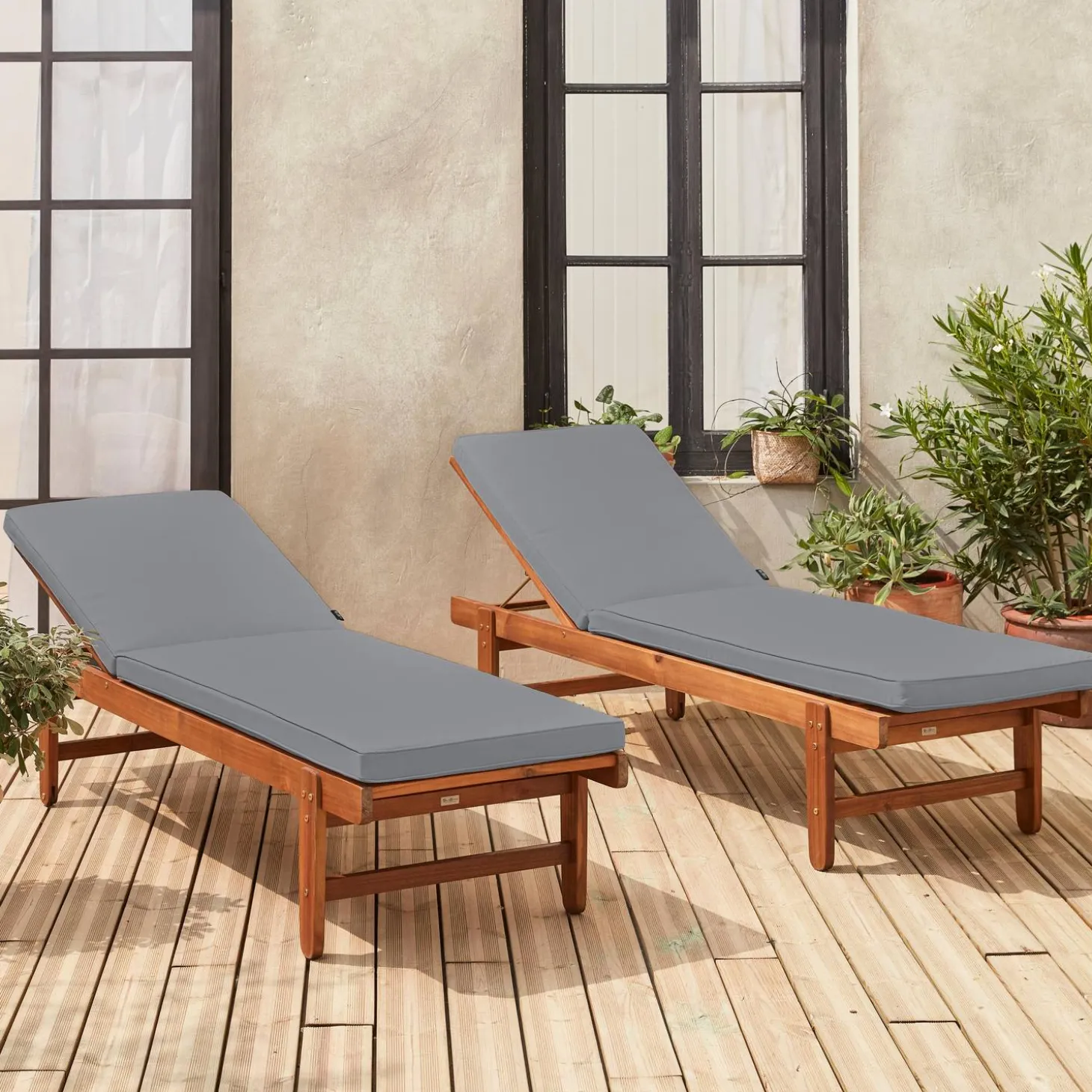 Tumbona de madera con ruedas, set de 2