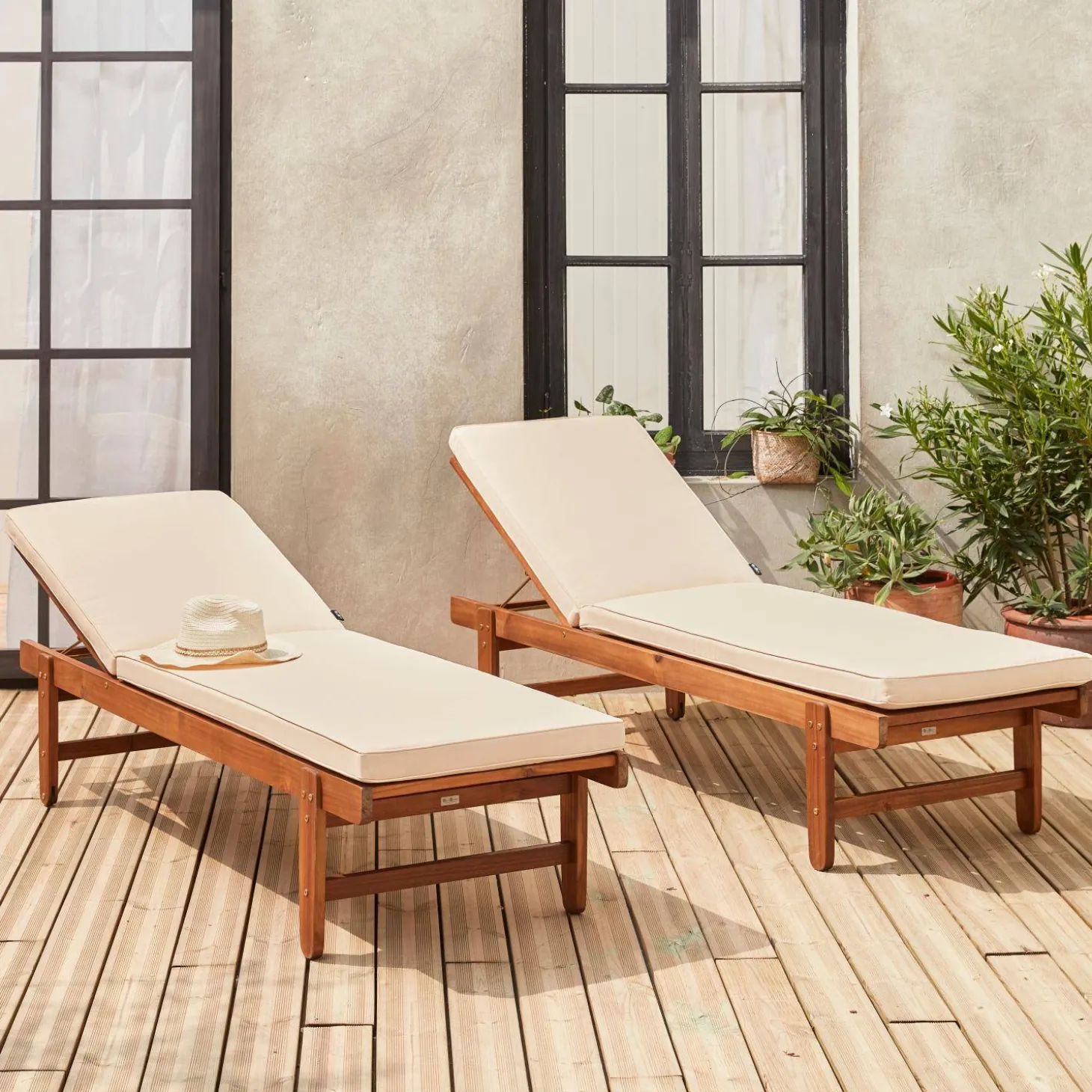 Tumbona de madera con ruedas, set de 2