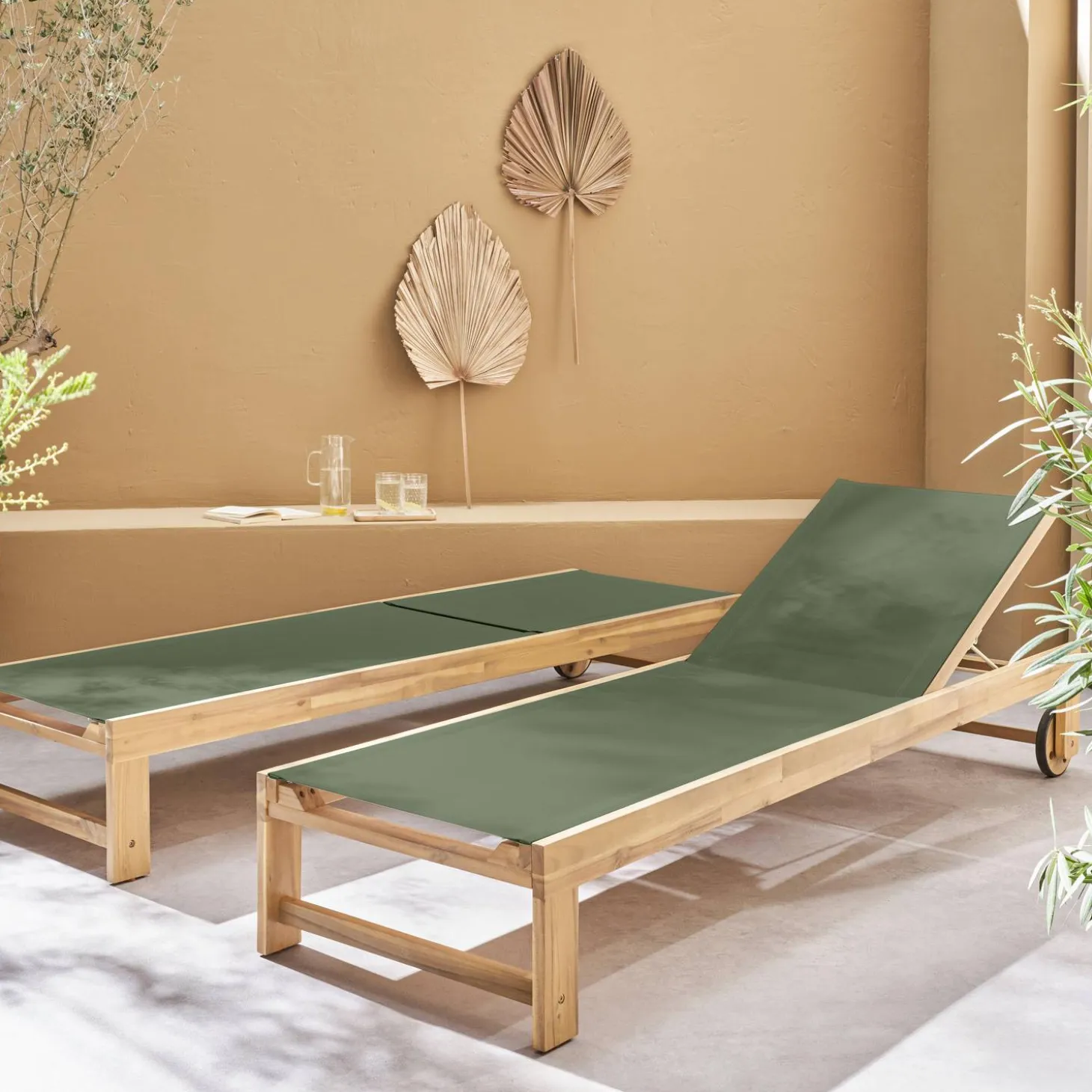 Tumbona de madera de acacia, multiposición, con ruedas, set de 2