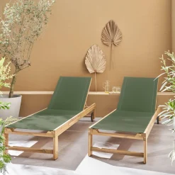 Tumbona de madera de acacia, multiposición, con ruedas, set de 2