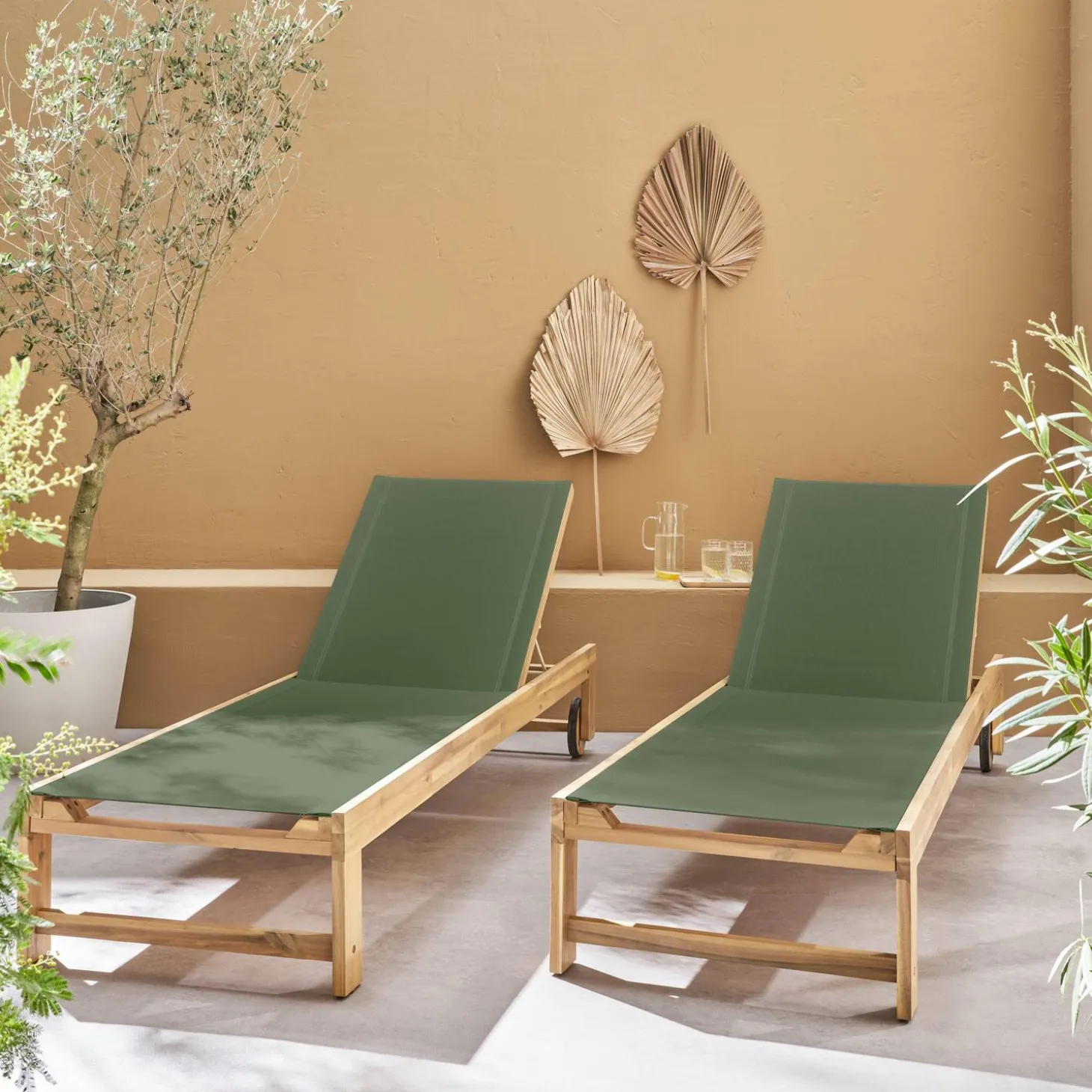 Tumbona de madera de acacia, multiposición, con ruedas, set de 2