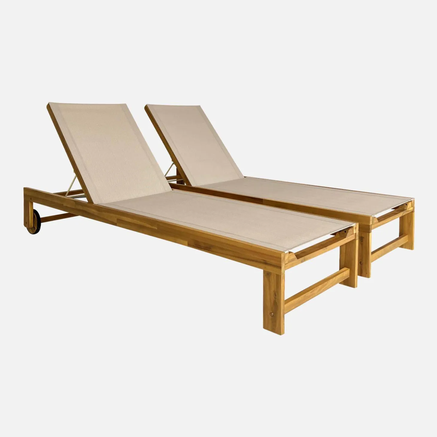 Tumbona de madera de acacia, multiposición, con ruedas, set de 2
