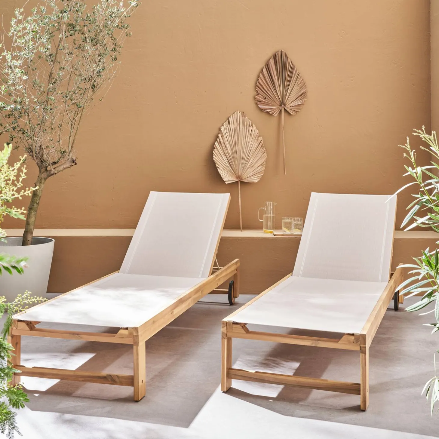 Tumbona de madera de acacia, multiposición, con ruedas, set de 2