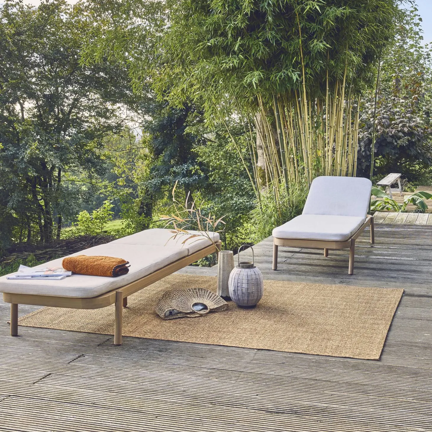 Tumbona de madera de acacia y reclinables, set de 2