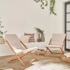 Tumbona de madera plegable con asiento acolchado, set de 2