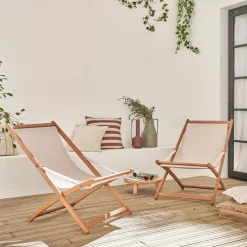 Tumbona de madera plegable con asiento acolchado, set de 2