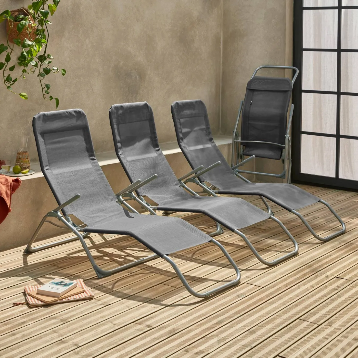 Tumbona plegable de textileno con 2 posiciones, set de 4