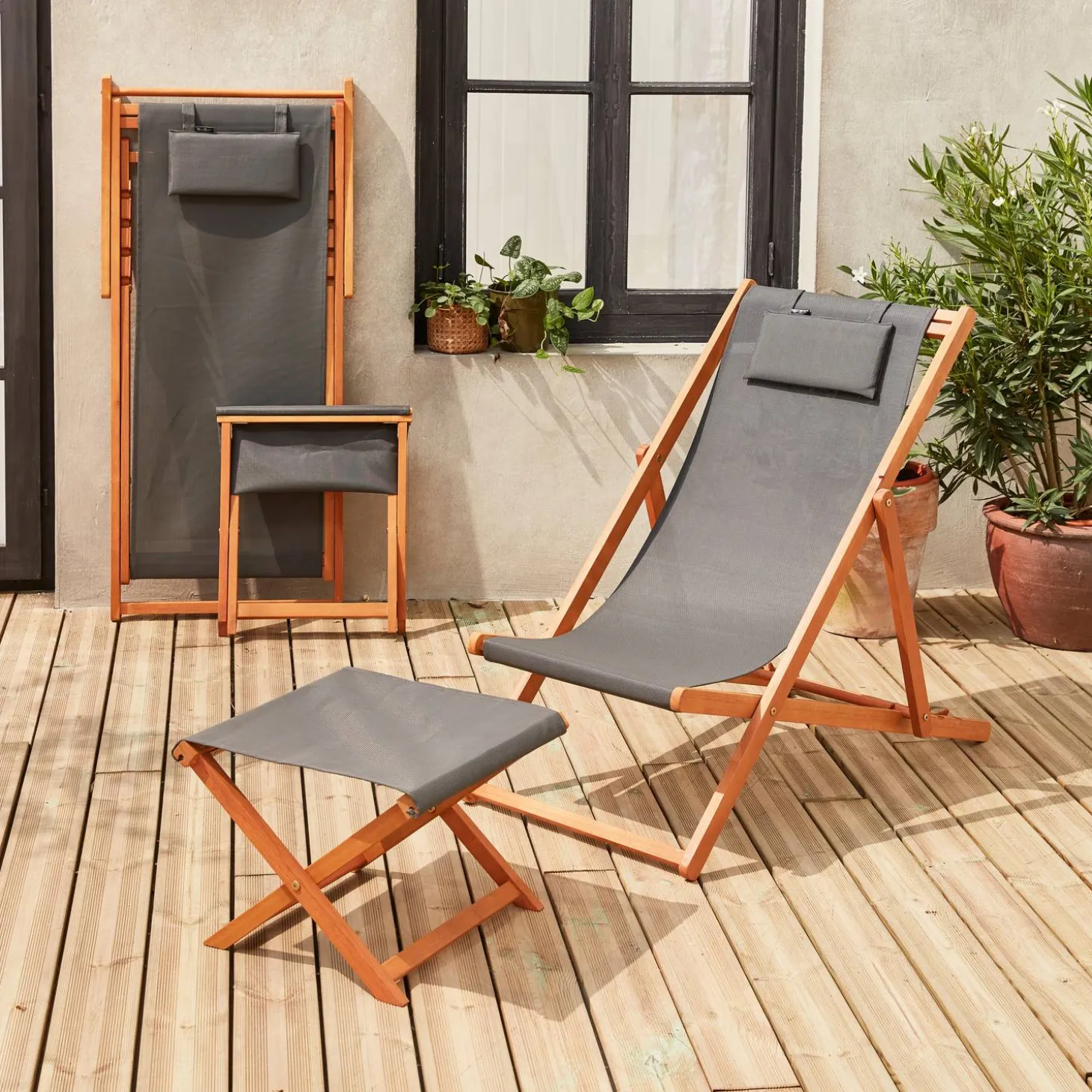 Tumbona y reposapiés de madera de eucalipto, set de 2
