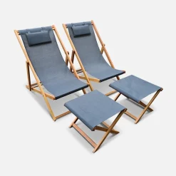Tumbona y reposapiés de madera de eucalipto, set de 2