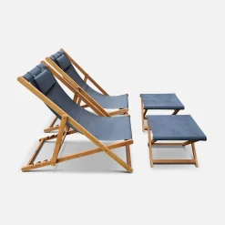 Tumbona y reposapiés de madera de eucalipto, set de 2