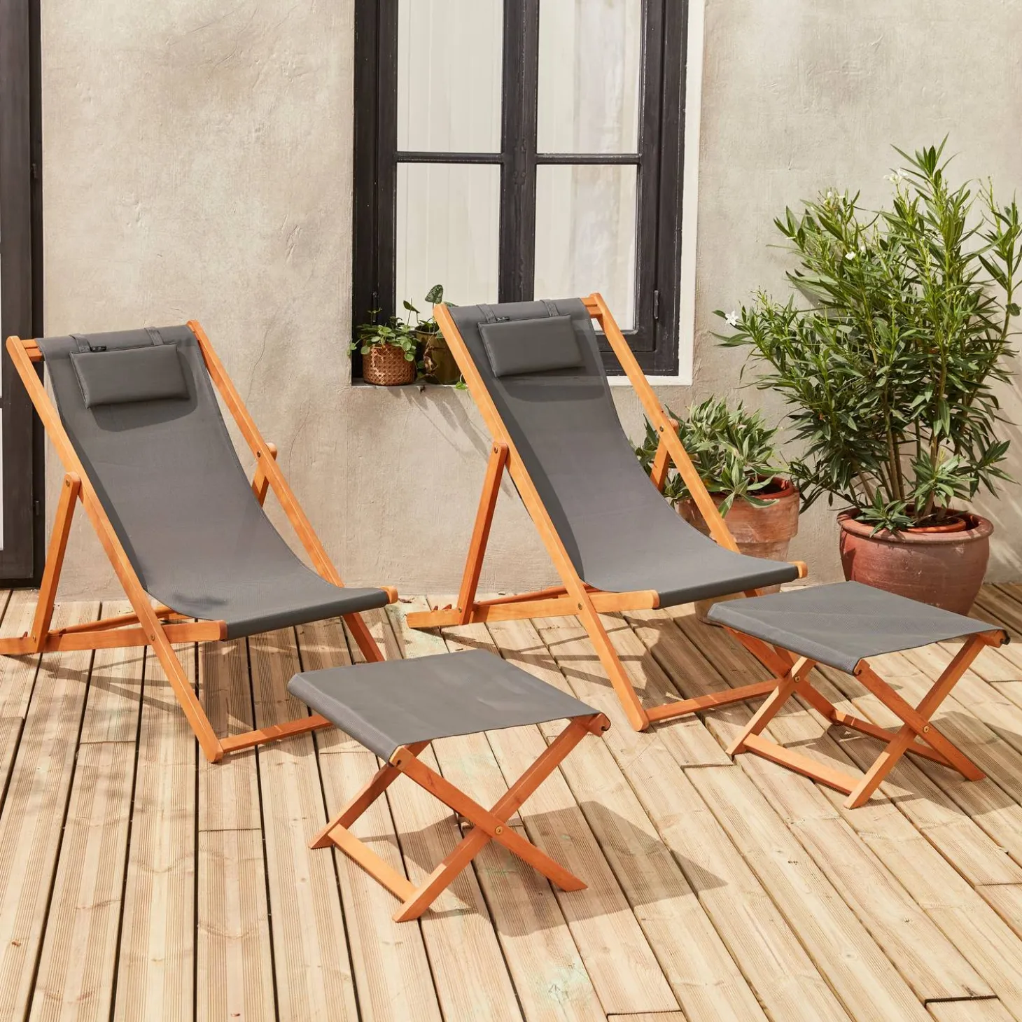 Tumbona y reposapiés de madera de eucalipto, set de 2